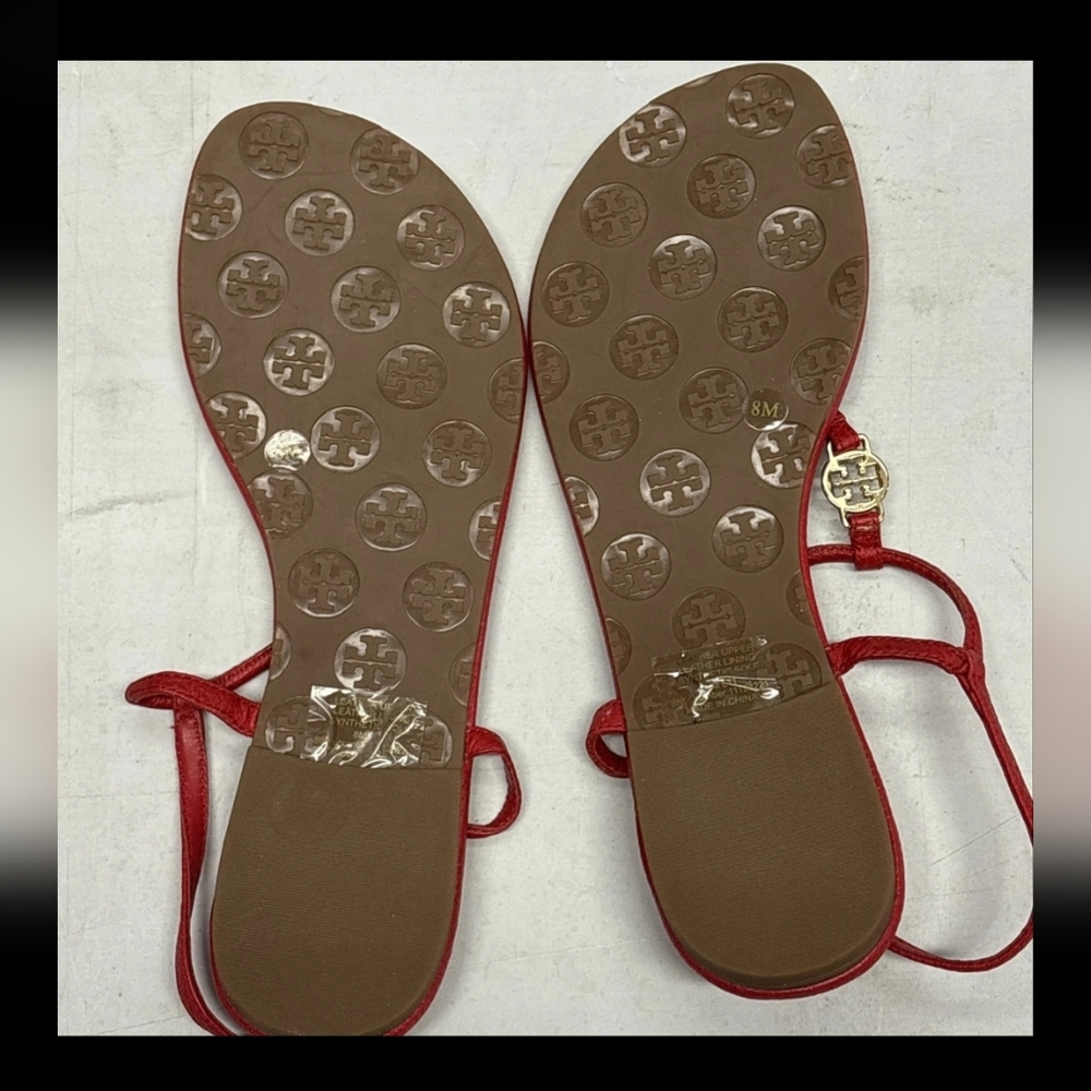 Tory Burch Designer Emmy Red Gold Sandals T Strap 8 - Picture 10 of 11
